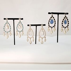 Lot Of 3 Elegant Pearl and Blue Teardrop Earrings Never Worn